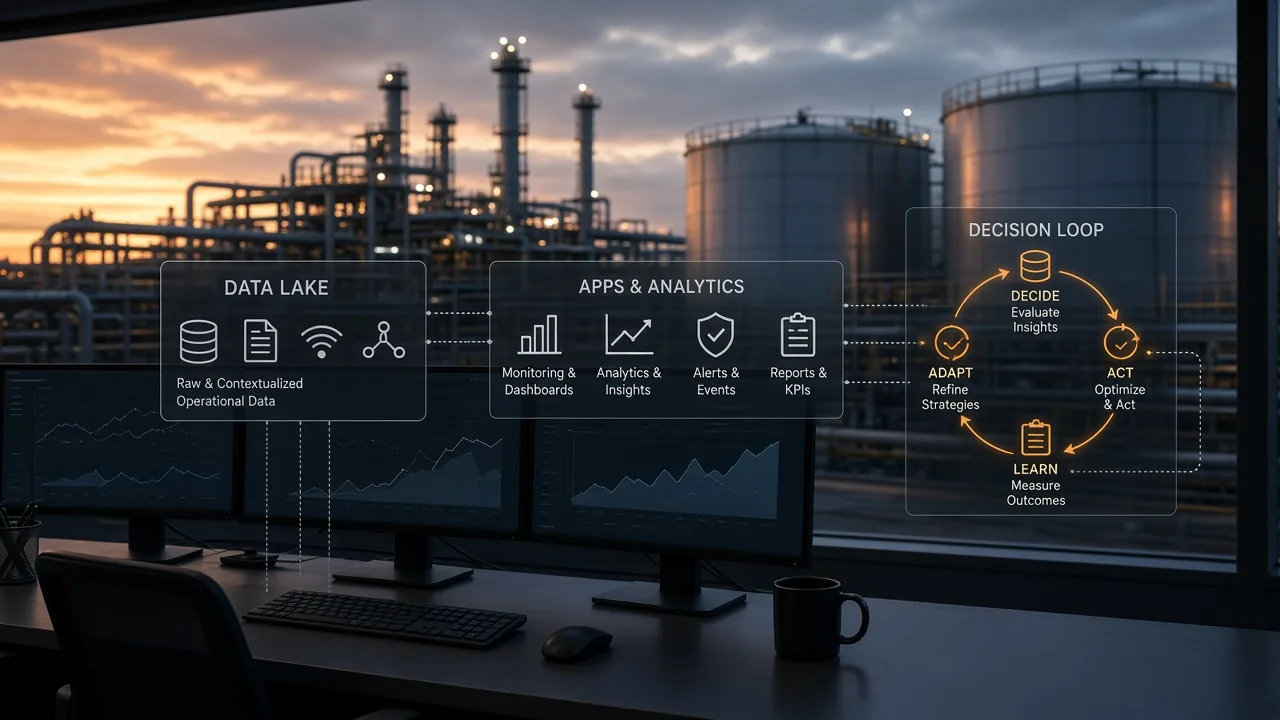 Control room to data-lake, apps, and decision-loop schematic over a dusk tank farm