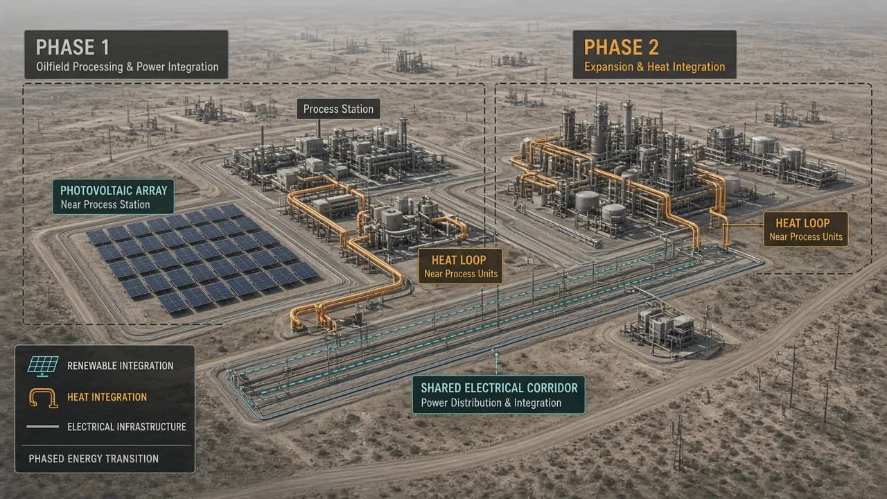 Aerial isometric of an operating oilfield with a coherent renewable layer: PV near process stations, amber heat loops, shared electrical corridor, Phase 1 and Phase 2 labels