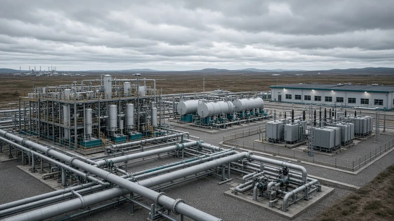 Wide operating oilfield surface system as one coherent machine: gathering pipelines, process and produced-water modules, electrical yard, and control building integrated cleanly